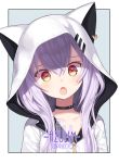  1girl :o animal_hood artist_name azuma_lim azuma_lim_channel capriccio character_name collar collarbone eyebrows_visible_through_hair hair_between_eyes head_tilt hood hoodie lavender_hair long_hair looking_at_viewer multicolored multicolored_eyes open_mouth red_eyes solo yellow_eyes 