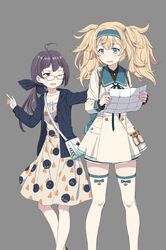  2girls absurdres ahoge bag binoculars black_hair black_hoodie blonde_hair blue_eyes blush chains cnm dress eyebrows_visible_through_hair fujinami_(kantai_collection) gambier_bay_(kantai_collection) glasses hair_ribbon hairband handbag highres holding holding_map hood hoodie kantai_collection long_hair long_sleeves looking_at_another map multiple_girls one_eye_closed open_clothes open_hoodie open_mouth pointing ribbon sailor_dress shorts side_ponytail smile standing thigh-highs twintails wavy_mouth white_legwear yellow_eyes zettai_ryouiki 