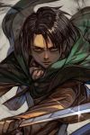  1boy brown_eyes brown_hair brown_jacket cape glint green_cape hankuri holding holding_sword holding_weapon jacket levi_(shingeki_no_kyojin) long_sleeves looking_at_viewer male_focus parted_lips sanpaku shingeki_no_kyojin solo sword upper_body weapon 