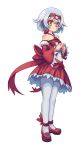  1girl bare_shoulders blush borokuro detached_sleeves dress full_body gen_3_pokemon hairband hands_together highres latias pantyhose personification pokemon red_dress red_footwear shoes short_hair silver_hair smile solo standing white_legwear wide_sleeves yellow_eyes 