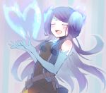  1girl breasts closed_eyes collarbone fire gloves heart kagutsuchi_(xenoblade) long_hair open_mouth purple_hair ramice730 simple_background smile solo xenoblade_(series) xenoblade_2 