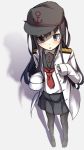  1girl akatsuki_(kantai_collection) bangs black_footwear black_hair black_hat black_legwear black_sailor_collar black_skirt blush commentary_request eyebrows_visible_through_hair flat_cap gorito hair_between_eyes hat jacket kantai_collection loafers long_hair long_sleeves looking_at_viewer military_jacket neckerchief open_clothes open_jacket pantyhose parted_lips red_neckwear remodel_(kantai_collection) sailor_collar school_uniform serafuku shirt shoes skirt sleeves_past_fingers sleeves_past_wrists solo standing very_long_hair violet_eyes white_jacket white_shirt 