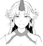  1girl bangs closed_mouth commentary_request eyebrows_visible_through_hair eyelashes greyscale hiyuu_(flying_bear) horn hoshiguma_yuugi long_hair looking_at_viewer messy_hair monochrome parted_bangs portrait shirt simple_background smile solo touhou 