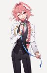  1boy androgynous astolfo_(fate) belt black_pants black_vest braid collared_shirt contrapposto cowboy_shot eyebrows_visible_through_hair fate/grand_order fate_(series) flower grey_shirt hair_between_eyes hair_ribbon hand_up head_tilt heart highres holding holding_flower jacket long_hair long_sleeves looking_at_viewer male_focus necktie one_eye_closed pants pink_eyes pink_hair pink_neckwear red_flower ribbon shirt single_braid smile solo standing tenobe trap tress_ribbon vest white_jacket wing_collar 