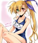  1girl bangs blonde_hair blue_ribbon blue_swimsuit breasts character_name cleavage dated eyebrows_visible_through_hair green_eyes hair_ribbon heterochromia looking_at_viewer lyrical_nanoha mahou_shoujo_lyrical_nanoha_vivid medium_breasts name_tag older one-piece_swimsuit parted_lips red_eyes ribbon san-pon school_swimsuit side_ponytail sitting solo swimsuit twitter_username vivio wet wet_clothes wet_hair wet_swimsuit 
