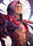  1boy abs blue_hair commentary_request cu_chulainn_alter_(fate/grand_order) facial_tattoo fate/grand_order fate_(series) from_side gae_bolg gloves grin highres holding holding_weapon hoshizaki_reita lance long_hair looking_at_viewer looking_to_the_side male_focus polearm purple_gloves red_eyes sharp_teeth signature slit_pupils smile solo tail tattoo teeth upper_body weapon 