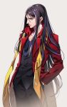  1boy black_eyes black_hair black_pants black_vest blue_shirt closed_mouth cowboy_shot fate/grand_order fate_(series) grey_background hand_in_pocket highres jacket long_hair looking_to_the_side lord_el-melloi_ii male_focus open_clothes open_jacket pants red_jacket shirt simple_background solo standing tenobe very_long_hair vest waver_velvet 