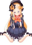  1girl abigail_williams_(fate/grand_order) bangs black_bow black_dress black_footwear black_hat blonde_hair bloomers blue_eyes blush bow butterfly closed_mouth commentary_request dress eyebrows_visible_through_hair fate/grand_order fate_(series) fcjd5402 forehead hair_bow hat head_tilt highres insect long_hair long_sleeves looking_at_viewer mary_janes object_hug orange_bow parted_bangs polka_dot polka_dot_bow shoes simple_background sleeves_past_fingers sleeves_past_wrists smile solo stuffed_animal stuffed_toy teddy_bear underwear very_long_hair white_background white_bloomers 