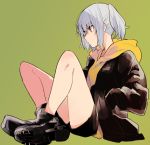  1girl ankle_boots black_coat black_footwear black_shorts boots closed_mouth from_side full_body green_background hand_in_pocket hood hoodie legs monsieur orange_hoodie original profile shoes short_hair shorts silver_hair simple_background sitting solo 