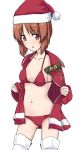  1girl bangs bell bikini boots breasts brown_eyes brown_hair coat commentary_request cowboy_shot eyebrows_visible_through_hair girls_und_panzer hat jingle_bell long_sleeves looking_at_viewer medium_breasts monolith_(suibou_souko) navel nishizumi_miho open_clothes open_coat parted_lips red_bikini red_coat red_hat santa_costume santa_hat short_hair simple_background solo standing swimsuit thigh-highs thigh_boots undressing white_background white_footwear 