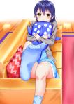 1girl absurdres bangs blue_hair blush commentary_request couch eyebrows_visible_through_hair feet hair_between_eyes highres long_hair looking_at_viewer love_live! love_live!_school_idol_festival love_live!_school_idol_project lying on_couch open_mouth pajamas saku_(syake135) socks solo sonoda_umi stuffed_animal stuffed_toy whale_shark yellow_eyes 