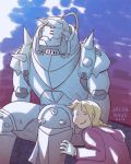  2018 2boys ^_^ alphonse_elric animated animated_gif armor artist_name blonde_hair brothers closed_eyes coat commentary edward_elric full_armor fullmetal_alchemist gloves male_focus multiple_boys red_coat siblings sitting smile 