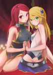  absurdres bare_shoulders blazblue blonde_hair green_eyes hand_holding highres long_hair looking_at_viewer noel_vermillion official_art red_eyes redhead tsubaki_yayoi 