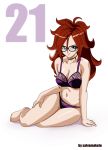 1girl absurdres android_21 auburn_hair blue_eyes bra breasts brown_hair dragon_ball dragon_ball_fighterz female female_only glasses hair_between_eyes highres lingerie majin_android_21 mound_of_venus panties purple_bra purple_lingerie purple_panties red_ribbon_army salvamakoto thighs thighs_together underwear