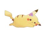  artist_name ayu_(mog) blush commentary_request flower from_side gen_1_pokemon looking_at_viewer looking_to_the_side lying on_stomach pikachu pokemon pokemon_(creature) signature solo 