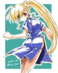  1girl alternate_hairstyle ass bangs blonde_hair blue_dress china_dress chinese_clothes closed_mouth cowboy_shot dated dress eyebrows_visible_through_hair from_behind green_background green_eyes hair_bun heterochromia long_hair looking_at_viewer looking_back lyrical_nanoha mahou_shoujo_lyrical_nanoha_vivid no_panties older outside_border red_eyes san-pon short_sleeves side_ponytail side_slit smile solo standing twitter_username very_long_hair vivio 
