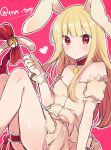  1girl animal_ears bangs bare_shoulders bell blonde_hair breasts copyright_request detached_sleeves dress eyebrows_visible_through_hair feet_out_of_frame gloves hand_up heart highres ikeuchi_tanuma jingle_bell leg_garter long_hair looking_at_viewer neck_garter pink_background rabbit_ears red_eyes ribbon short_dress simple_background sitting small_breasts solo tail tail_bell tail_ribbon twitter_username white_gloves wide-eyed 