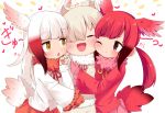  3girls ;) alpaca_ears alpaca_suri_(kemono_friends) bangs bird_tail blunt_bangs blush brown_eyes brown_hair cheek-to-cheek closed_eyes commentary_request frilled_sleeves frills fur_collar girl_sandwich gloves hair_over_one_eye head_wings heart japanese_crested_ibis_(kemono_friends) kemono_friends long_hair makuran multicolored_hair multiple_girls one_eye_closed pink_gloves red_gloves redhead sandwiched scarlet_ibis_(kemono_friends) simple_background smile white_background white_hair wide_sleeves yellow_eyes 