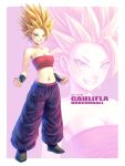  1girl baggy_pants bandeau bare_shoulders black_footwear bracer breasts caulifla cleavage clenched_hands collarbone dragon_ball dragon_ball_super eply full_body green_eyes grin medium_breasts midriff navel pants smile solo spiky_hair super_saiyan tsurime 
