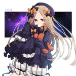  1girl abigail_williams_(fate/grand_order) absurdres bangs black_bow black_dress black_hat blonde_hair bloomers blue_eyes bow butterfly character_name closed_mouth dress fate/grand_order fate_(series) forehead hair_bow hat highres insect long_hair long_sleeves looking_at_viewer object_hug orange_bow parted_bangs polka_dot polka_dot_bow sasakura_(npdk7484) sleeves_past_fingers sleeves_past_wrists solo space stuffed_animal stuffed_toy teddy_bear underwear very_long_hair white_background white_bloomers 