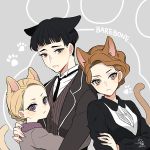  1boy 2girls animal_ears artist_name black_hair blonde_hair brown_eyes brown_hair cat_ears cat_tail chastity_barebone credence_barebone dated fantastic_beasts_and_where_to_find_them grey_background hug modesty_barebone multiple_girls necktie nightcat siblings simple_background tail violet_eyes 