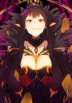  1girl absurdres black_dress black_hair breasts cleavage detached_collar dress fate/apocrypha fate/grand_order fate_(series) fur_trim highres large_breasts licking_lips long_hair orihiro0614 pointy_ears semiramis_(fate) solo tongue tongue_out upper_body yellow_eyes 