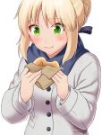  1girl :t artoria_pendragon_(all) bangs black_ribbon blonde_hair blue_scarf braid closed_mouth commentary_request eating eyebrows_visible_through_hair fate/stay_night fate_(series) green_eyes grey_coat hair_between_eyes hair_bun hair_ribbon highres long_sleeves looking_away looking_down ribbon saber scarf sidelocks simple_background solo taka_(takahirokun) white_background 