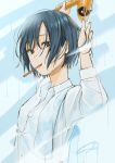  1girl absurdres blue_eyes blue_hair collared_shirt commentary_request condensation drying drying_hair eyebrows_visible_through_hair fingernails hair_dryer hands_above_head hands_up highres holding long_sleeves looking_at_viewer looking_to_the_side mirror mouth_hold original reflection sako_(user_ndpz5754) shirt short_hair signature solo toothbrush toothbrush_in_mouth white_shirt wing_collar 