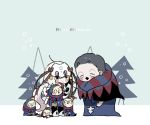  1boy 1girl :&gt; :&lt;&gt; bell black_gloves black_legwear blue_robe blush_stickers bow brown_eyes capelet caster_(fate/zero) character_doll chibi closed_eyes closed_mouth dress fate/grand_order fate_(series) fur-trimmed_capelet fur_trim futong_jun gilles_de_rais_(fate/grand_order) gloves green_bow green_ribbon grey_footwear grey_hair hair_bow headpiece jeanne_d&#039;arc_(fate)_(all) jeanne_d&#039;arc_alter_santa_lily light_brown_hair long_hair open_mouth outdoors pleated_dress ponytail ribbon robe standing striped striped_bow striped_ribbon thigh-highs tree very_long_hair white_capelet white_dress 