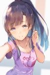  1girl armpit_peek armpits asymmetrical_bangs bangs black_hair blunt_bangs blush breasts cleavage eyebrows_visible_through_hair grey_eyes hand_up idolmaster idolmaster_cinderella_girls kobayakawa_sae looking_at_viewer pink_shirt ponytail self_shot shirt sidelocks small_breasts smile t-shirt ultone_(neisiss) upper_body wide_ponytail 