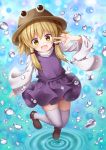  :d absurdres blonde_hair blue_background commentary_request eyes full_body hat highres looking_at_viewer moriya_suwako open_mouth purple_skirt short_hair skirt smile solo suigetsu_(watermoon-910) thigh-highs touhou v white_legwear wide_sleeves yellow_eyes zettai_ryouiki 