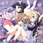  3girls ;d absurdres bangs bed_sheet black_shirt blend_s blonde_hair blue_bow blue_eyes blue_hairband blue_nails blush boots bow breasts brown_hair cassette_tape closed_mouth clothes_writing commentary_request cross-laced_footwear dated eyebrows_visible_through_hair fingernails hair_between_eyes hairband highres hinata_kaho hoshikawa_mafuyu jacket lace-up_boots large_breasts long_hair long_sleeves low_twintails lying multicolored multicolored_nail_polish multiple_girls nail_polish neki_(wakiko) object_hug on_back on_side on_stomach one_eye_closed open_clothes open_jacket open_mouth parted_lips pink_bow pink_footwear pink_nails pink_shorts polka_dot purple_hair purple_jacket purple_nails purple_skirt sakuranomiya_maika shirt shoes short_shorts short_sleeves shorts skirt sleeves_past_wrists smile stuffed_animal stuffed_bunny stuffed_toy suspender_skirt suspenders twintails twitter_username very_long_hair violet_eyes white_footwear white_shirt yellow_shirt 