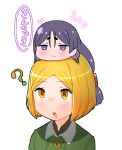  2girls :o ? absurdly_long_hair absurdres bangs blonde_hair blush breasts buttons chibi chibi_on_head closed_mouth eyebrows_visible_through_hair fate/grand_order fate_(series) green_jacket hair_between_eyes heart highres jacket long_hair looking_at_viewer looking_up low-tied_long_hair minamoto_no_raikou_(fate/grand_order) multiple_girls on_head parted_bangs passion_lip paul_bunyan_(fate/grand_order) purple_hair rei_(rei_rr) simple_background smile translation_request very_long_hair violet_eyes white_background yellow_eyes 