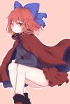  1girl black_shirt blue_bow bow cape commentary eyelashes hair_bow highres long_sleeves looking_at_viewer miniskirt ponta_(wwtaimeww) red_cape red_eyes red_skirt redhead sekibanki shirt short_hair skirt solo thighs touhou 