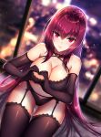  1girl bangs bare_shoulders black_bra black_gloves black_legwear black_panties blurry blurry_background blush bra breasts cleavage collarbone elbow_gloves eyebrows_visible_through_hair fate/grand_order fate_(series) garter_belt garter_straps gloves hair_between_eyes hair_intakes heart heart-shaped_boob_challenge heart_hands highres hips indoors lace lace-trimmed_bra lace-trimmed_thighhighs large_breasts long_hair looking_at_viewer mallizmora panties purple_hair red_eyes scathach_(fate/grand_order) shiny shiny_skin solo thigh-highs thighs underwear window 