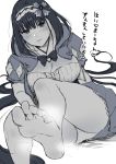  1girl barefoot breasts cleavage cloak fate/grand_order fate_(series) feet hairband highres hood hood_down hooded_cloak large_breasts long_hair low_twintails monochrome origami osakabe-hime_(fate/grand_order) osomatsu_(nanameno) panties parted_lips pov_feet simple_background sketch solo translation_request twintails underwear very_long_hair white_background 