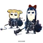  :3 armor arrow bangs blonde_hair blue_eyes blue_hair blunt_bangs boots bow breastplate chibi closed_mouth commentary_request faulds flail gauntlets greaves hair_bow hair_ornament hair_scrunchie holding holding_weapon kei-suwabe long_hair mace middle_finger morning_star pipimi plate_armor poptepipic popuko red_bow scrunchie shield short_hair simple_background twintails twitter_username weapon white_background yellow_eyes 