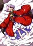  baba_(baba_seimaijo) barefoot bowl commentary_request frills highres japanese_clothes kimono long_sleeves lying obi on_back open_mouth purple_hair red_eyes sash short_hair sukuna_shinmyoumaru touhou wide_sleeves 