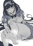  1girl barefoot breasts cleavage cloak fate/grand_order fate_(series) feet glasses hairband highres hood hood_down hooded_cloak large_breasts long_hair low_twintails monochrome origami osakabe-hime_(fate/grand_order) osomatsu_(nanameno) panties parted_lips pov_feet simple_background sketch solo twintails underwear very_long_hair white_background 
