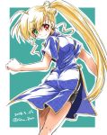  1girl alternate_hairstyle ass bangs black_shorts blonde_hair blue_dress china_dress chinese_clothes closed_mouth cowboy_shot dated dress eyebrows_visible_through_hair from_behind green_background green_eyes hair_bun heterochromia long_hair looking_at_viewer looking_back lyrical_nanoha mahou_shoujo_lyrical_nanoha_vivid older outside_border red_eyes san-pon short_sleeves shorts shorts_under_dress side_ponytail side_slit smile solo standing twitter_username very_long_hair vivio 