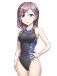 1girl bangs black_swimsuit blue_eyes brown_hair competition_swimsuit covered_navel cowboy_shot hand_on_hip idolmaster idolmaster_cinderella_girls long_hair looking_at_viewer one-piece_swimsuit pataniito simple_background solo swept_bangs swimsuit white_background yagami_makino