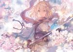  1girl alternate_eye_color arm_guards black_bow black_scarf blonde_hair bow cherry_blossoms fate/grand_order fate_(series) floating_hair flower hair_between_eyes hair_bow holding holding_sword holding_weapon japanese_clothes kimono long_sleeves looking_at_viewer obi okita_souji_(fate) outdoors rioka_(southern_blue_sky) sash scarf short_hair solo sparkle sword tree upper_body weapon wide_sleeves yellow_eyes 