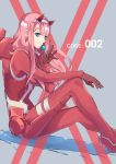  1girl absurdres aqua_eyes arm_on_knee bangs bodysuit candy darling_in_the_franxx daruartworks eyeshadow food from_side hairband highres horns lollipop looking_to_the_side makeup pilot_suit pink_hair red_bodysuit shiny shiny_hair simple_background sitting smile straight_hair white_hairband zero_two_(darling_in_the_franxx) 