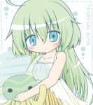  1girl animal bangs bare_arms bare_shoulders blue_eyes blush character_name closed_mouth collarbone dress emil_chronicle_online eyebrows_visible_through_hair green_hair hair_between_eyes highres holding holding_animal jellyfish long_hair looking_at_viewer poison_gel_alma rinechun sleeveless sleeveless_dress solo transparent twitter_username very_long_hair white_dress 