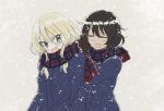  2girls :d adjusting_scarf andou_(girls_und_panzer) angry bangs black_gloves black_hair blonde_hair blue_coat blue_eyes blush brown_eyes closed_eyes closed_mouth commentary dark_skin eyebrows_visible_through_hair fringe frown girls_und_panzer gloves highres inumoto long_sleeves looking_at_another looking_back multiple_girls open_mouth oshida_(girls_und_panzer) plaid plaid_scarf red_scarf scarf smile snow standing v-shaped_eyebrows yuri 