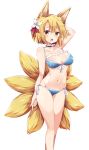  1girl animal_ears arm_at_side arm_up bangs bare_arms bare_legs bare_shoulders bikini blonde_hair blue_bikini breasts cleavage collar eyebrows_visible_through_hair flower fox_ears fox_tail front-tie_bikini front-tie_top groin hair_flower hair_ornament highres looking_at_viewer maturiuta_sorato medium_breasts multiple_tails navel open_mouth shiny shiny_skin side-tie_bikini simple_background solo standing stomach swimsuit tail touhou white_background white_flower yakumo_ran yellow_eyes 