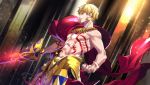  1boy abs bare_arms blonde_hair cape cowboy_shot ea_(fate/stay_night) earrings fate/grand_order fate_(series) faulds fingernails from_side gilgamesh grin holding holding_sword holding_weapon jewelry lock_earrings male_focus necklace parted_lips red_cape red_eyes shirtless smile solo standing sword tattoo tenobe weapon 