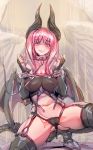  1girl black_legwear blush bound bound_wrists bow_(bhp) breasts bridal_gauntlets character_request claws collar commentary_request hands_up horns large_breasts leash looking_at_viewer mole mole_under_eye monster_hunter navel orange_eyes personification pink_hair smile solo spread_legs squatting tail thigh-highs wings 