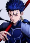  1boy 55level blood blood_on_face blue_hair bodysuit earrings fate/stay_night fate_(series) gae_bolg highres holding holding_spear holding_weapon jewelry lancer long_sleeves looking_at_viewer polearm red_eyes simple_background spear upper_body weapon 