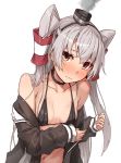  1girl amatsukaze_(kantai_collection) bangs bare_shoulders bikini black_bikini black_choker black_hairband black_shirt blush breasts brown_eyes choker closed_mouth collarbone commentary_request embarrassed frown hair_tubes hairband highres kantai_collection long_hair long_sleeves looking_at_viewer navel nose_blush off_shoulder open_clothes open_shirt shirt silver_hair simple_background sleeves_past_wrists small_breasts smoke solo swimsuit takanashi_kei_(hitsujikan) two_side_up upper_body very_long_hair white_background windsock 